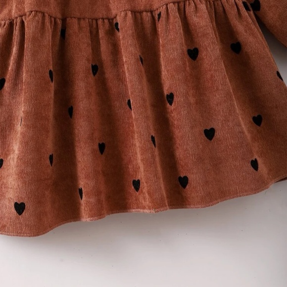 Toddler Girl Frill Neck Heart Print Corduroy Smoke Dress 5/6 - Picture 5 of 5